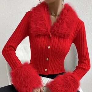 Red Casual Women's Fuzzy Patchwork Slim Fit Cardigan